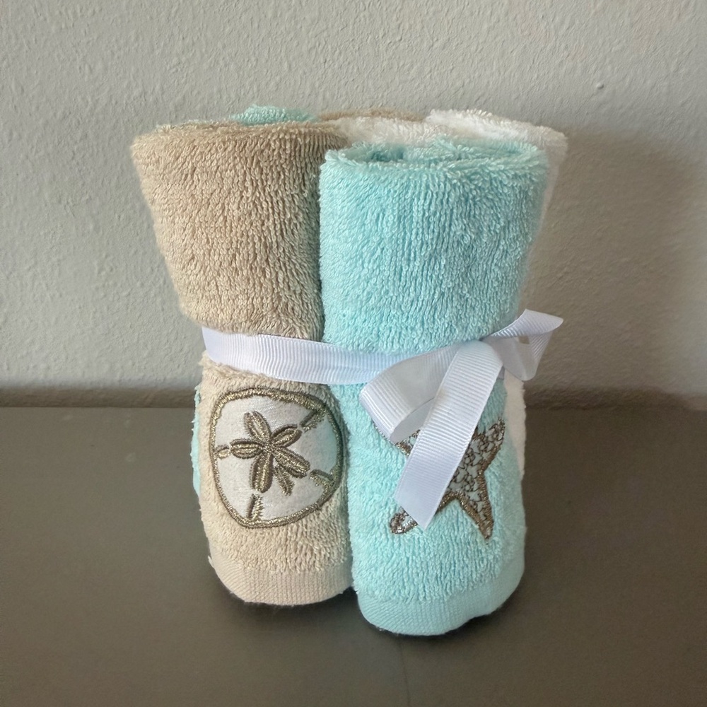New Coastal Beach-Themed Tan, White, Blue Wash Cloth Towel Set